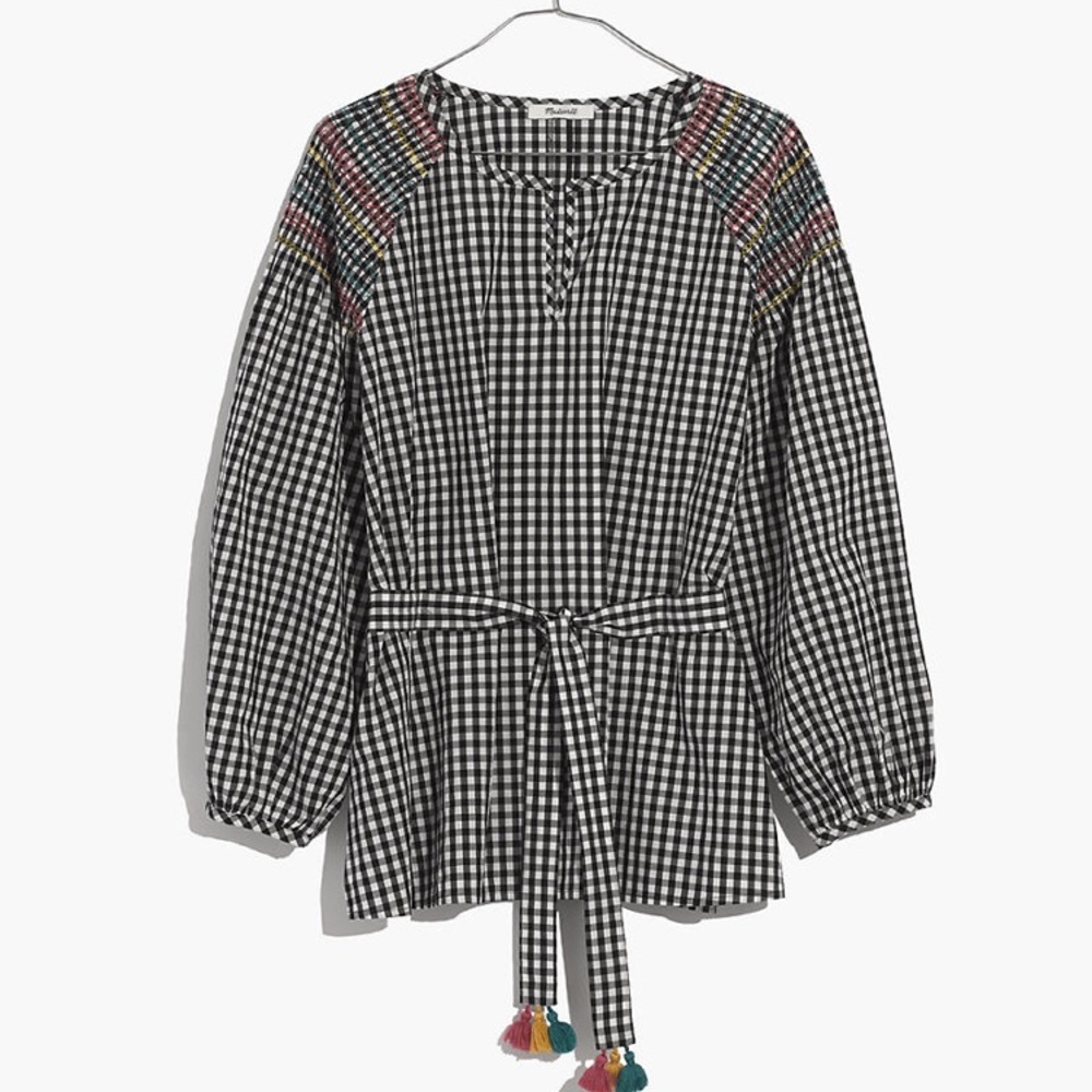 Madewell Smocked Gingham Top, XS